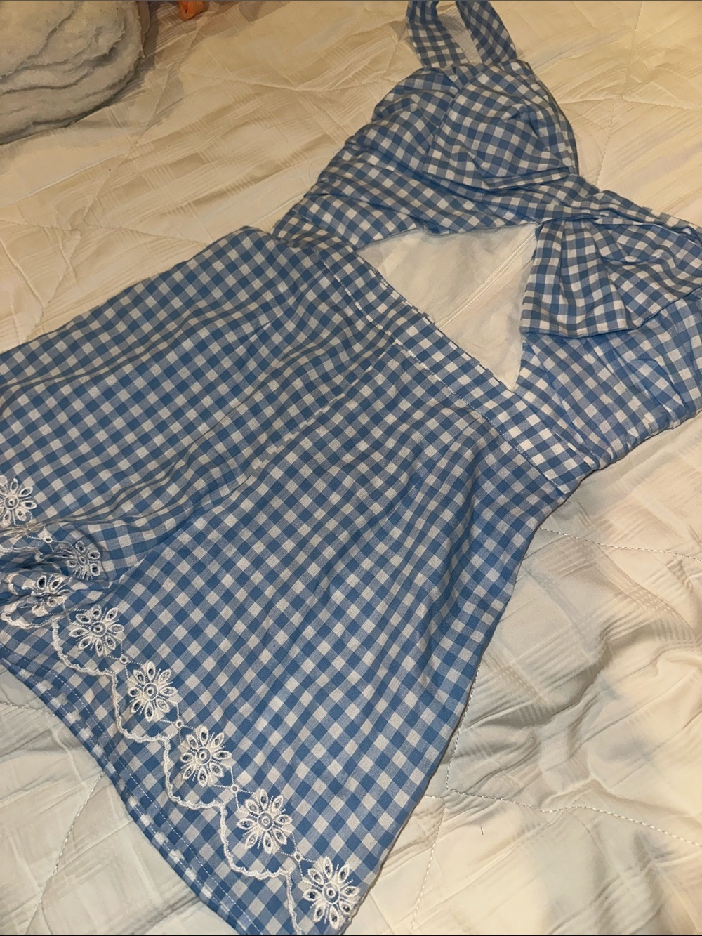 Blue Gingham Cutout Romper with Embroidered Hem